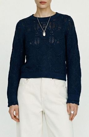 Vero Moda Susana Pointelle Cotton Blend Sweater in Navy Blazer at Nordstrom, Size X-Large