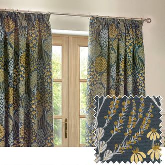 Wylder Ophelia Floral Room Darkening Pencil Pleat Curtain Pair in Blue | Size: 168 cm width x 229 cm drop