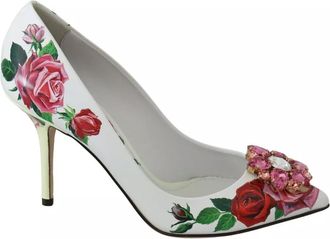 Dolce & Gabbana White Leather Roses Crystal Pumps Womens Shoes (Pre-Owned)