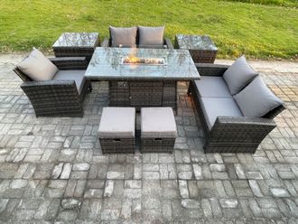 Fimous 7 Seater Rattan Outdoor Garden Furniture Gas Fire Pit Table Sets Gas Heater with Love Sofa Armchair 2 Small Footstools 2 Side Tables