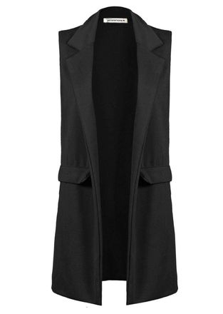 Janisramone New Ladies Womens Sleeveless Open Front Long Waistcoat Stylish Crepe Pocket Jacket Coat Black