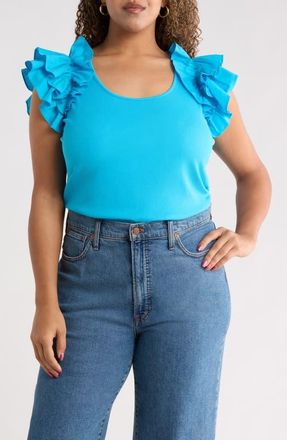 Sugarlips Ruffled Short Sleeve Mixed Media Top in Cerulean-Blue at Nordstrom, Size 2X