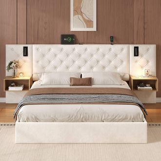 Merax 5ft King Size Upholstered Ottoman Storage Bed with LED, Bedside Tables in Beige