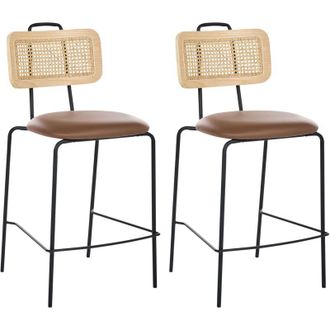 Beliani Set di 2 sedie da bar con gambe in ferro schienale in rattan seduta in ecopelle senza braccioli coprigambe design boho moderno marrone Adelanto