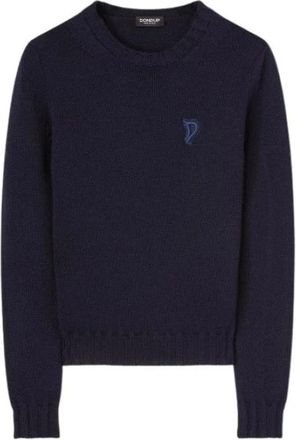 Dondup Wollen trui met D patch - Dames - Ronde hals truien - Blauw - L - Wol - Truien & Vesten