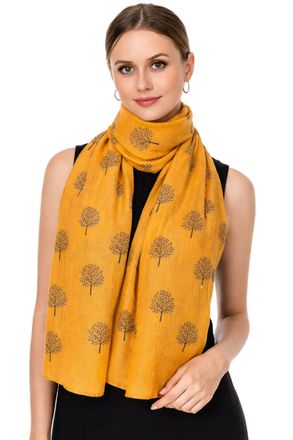 World of Shawls Mulberry Tree Scarf Shawl Wrap Soft Warm (Mustard With Black Tree)