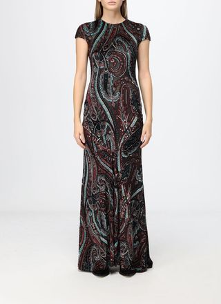 Etro Long Sheath Dress in Cotton Velvet with Paisley Print