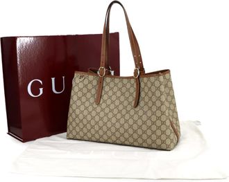 Gucci Beige Brown Fabric Leather Handbag Tote Bag (Pre-Owned)
