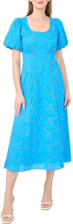 CeCe by Cynthia Steffe Embroidered Eyelet Bubble Sleeve Cotton Midi Dress in Blue Spritz at Nordstrom, Size 12