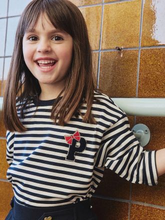 Vertbaudet Mädchen Ringelshirt mit Schleife und Recycling-Baumwolle marine gestreift