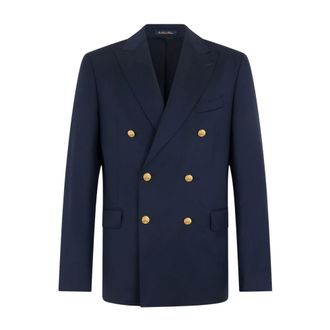 Brooks Brothers Jassen, Heren, Blauw, M, Wol, Dubbelrijige blazer van scheerwol met gouden knopen
