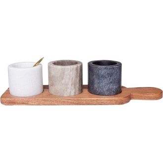 Beliani Bandeja Para Servir Con 3 Cuencos De M&aacute;rmol Madera De Acacia Acero Inoxidable Con Cucharillas Vajilla Multicolor Patras