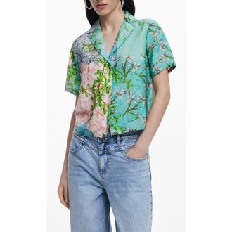 Desigual Printed Button-Up Shirt in Water Green at Nordstrom, Size Small