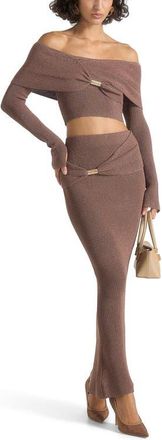 Mani&egrave;re De Voir Shana Asymmetric Bardot Top With Hardware Detail in Taupe at Nordstrom, Size X-Small