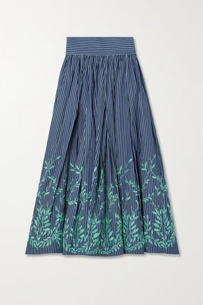 Loretta Caponi + Net Sustain Gonna Midi In Twill Di Cotone A Righe Con Ricami Vanessa - Verde