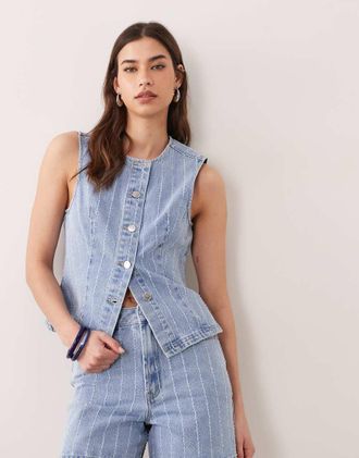 Miss Selfridge Gilet di jeans lavaggio blu a righe
