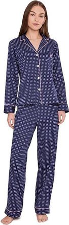 Lauren Ralph Lauren Woven Long Sleeve Notch Collar Long Pant Pj Set Womens Pajama Sets Navy Ground Pink Dot : LG (US 12-14), Cotton/Viscose