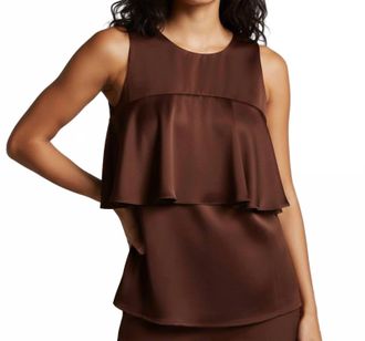 Ganni Double Viscose Satin Ruffle Top In Chickory Coffee