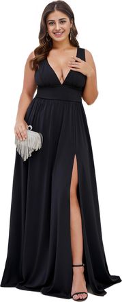 Ever-pretty Women Plus Size Evening Dress High Stretch Slit Floor Length Black 18