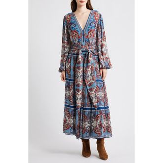 Farm Rio Paisley Scarf Print Long Sleeve Tiered Dress in Paisley Scarf Cream at Nordstrom, Size Large