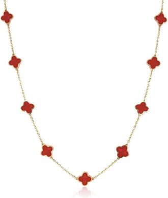 Italian Gold, Inc 14K Yellow Gold Clover Necklace- Coral
