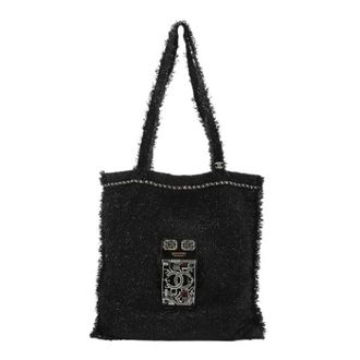 Chanel Pre-owned Tote Bags, female, Black, Size: ONE SIZE Pre-owned Tweed Leather Tote Bag