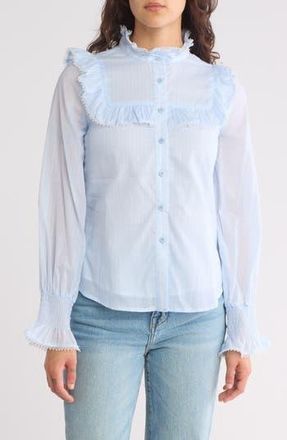By Design Remi Ruffle Yoke Long Sleeve Button-Up Shirt in Ancient Water/White Stripe at Nordstrom Rack, Size X-Small