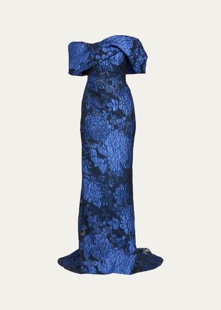 Pamella Roland Fil Coupe Off-The-Shoulder Fishtail Train Gown