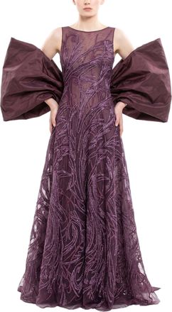 Saiid Kobeisy Bateau Neckline Embroidered Long Dress With Oversized Cape