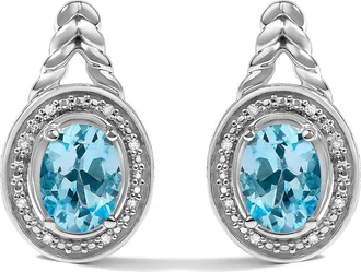 House of Brilliance Sterling Silver Oval Blue Topaz and Diamond Accent Twist and Halo Drop Earrings