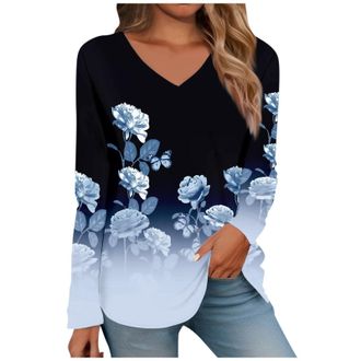 Generic Fit T Shirts Womens Blouse Loose Tunnic Fit Tee Womens Long Sleeved V Neck Floral and Plant Printed Casual Fashion T Shirt Top Moccasins Girl (Blue, X