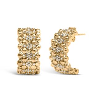 House of Brilliance 14K Yellow Gold Plated.925 Sterling Silver 1/3 Cttw Diamond and Ball Bead J Hoop Earrings