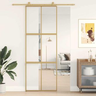 vidaXL Puerta Corredera Dorada De Vidrio Esg Transparente Y Aluminio Vidaxl