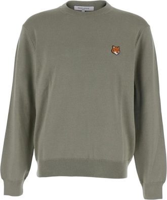 Maison Kitsun&eacute; Fox Head Merino Regular Jumper - Heren - Ronde hals truien - Groen - M - Wol - Truien & Vesten