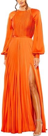 Mac Duggal Pleated High Neck Raglan Long Sleeve Side Slit Gow