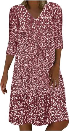 Generic 3/4 Sleeve Floral Printed Dress for Women 2026 Summer Casual V Neck Loose Floral Knee Length Boho Beach Midi Dresses Red