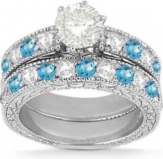 Allurez Antique Diamond & Blue Topaz Bridal Set 14k White Gold (1.80ct)