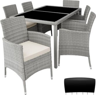 TecTake Conjunto de rat&aacute;n para 6 personas, 1 mesa 6 sillas, gris claro/crema