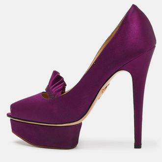 Charlotte Olympia Purple Satin Peep Toe Platform Pumps