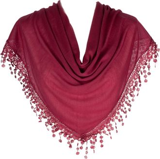 Hat To Socks Triangle Scarf with Bobbin Lace Fringes for Women (Wine Red)