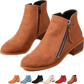 Generic Womens Suede Chunky Heel Walking Ankle Boots with Side Zipper, Wide Fit Pointed Toe Low Heel Shoes Comfortable Non-Slip Walking Boot (3.5,Brown)