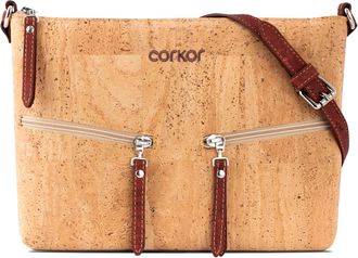 Corkor Across Body Bag for Women Front Pockets Cross Body Strap Vegan Leather Cork Red Brown Color