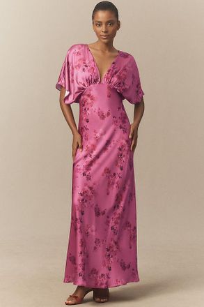 BHLDN Amelia Deep-V Flutter-Sleeve Satin A-Line Gown