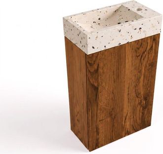 Saniclass Holz Pure Toiletmeubelset - 40x60.5cm - 1 deur - fontein terrazo - kraangat rechts - walnut pure