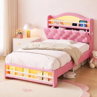 Merax 3ft Single Upholstered Bed Frame with LED, Charging Station in Pink