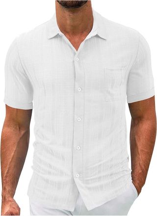 Generic Mens Linen Shirts Short Sleeve Button Up Cotton Linen Plain Blouse Casual Hawaiian T-Shirt Shrink Free Henley Shirt Tops Fit Summer Beach Travel Holid