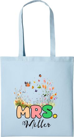 Generic Personalised Tote Bag for Women, Mrs Any Name Canvas Tote Bag with Long Handle, Colourful Unisex Gift or Shopping Bag, Eco Friendly (SKY BLUE)