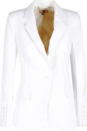 Elisabetta Franchi Ivory Stretch Logo-Embroidered Single-Breasted Polyester Blazer