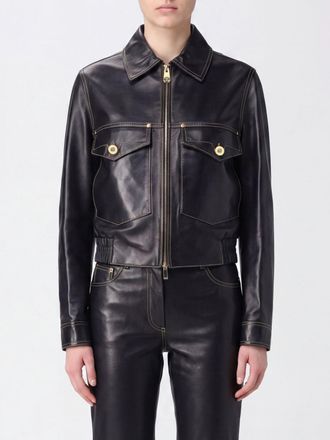 Versace Giacca corta stile camicia in pelle di agnello con tasche a toppa