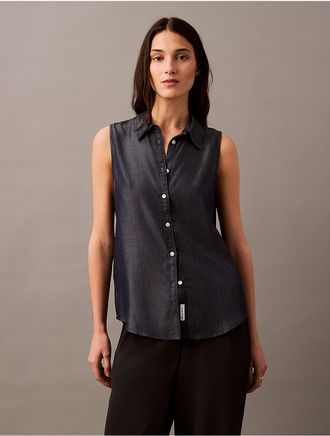 Calvin Klein Jeans Calvin Klein Womens Sleeveless Denim Button-Down Shirt - Blue - S